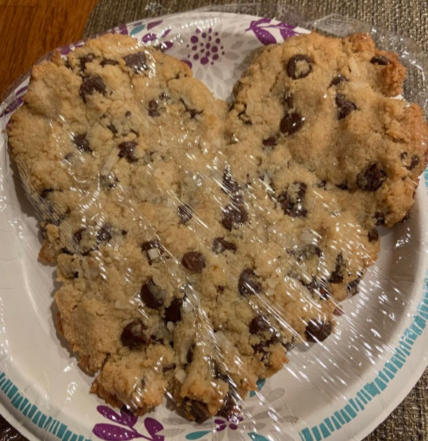 Heart-shaped chocolate chip cookie.