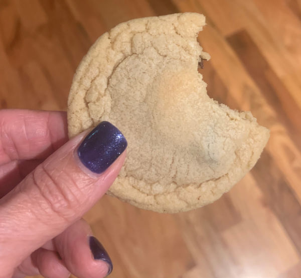 Woman's hand holding a chocolate chip cookie.