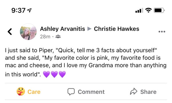 I just said to Piper, "Quick, tell me 3 facts about yourself" and she said, "My favorite color is pink, my favorite food is mac and cheese, and I love my Grandma more than anything in this world."