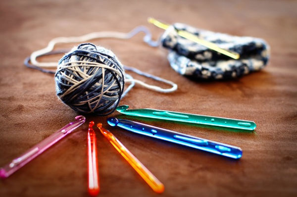 Yarn and crochet hooks.