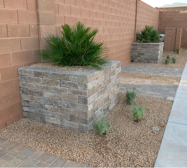 Xeriscape landscaping with planter boxes.