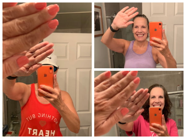 Collage of woman high-fiving the mirror.