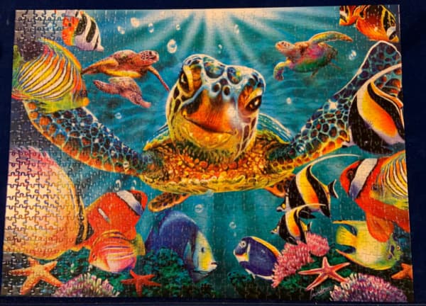 A completed seascape jigsaw puzzle.