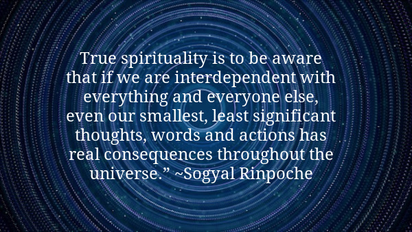 True spirituality is to be aware that if we are interdependent with everything and everyone else, even our smallest, least significant thoughts, words and actions has real consequences throughout the universe.