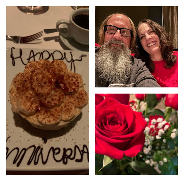 Collage of photos for a wedding anniversary, including the couple, red roses, and banana pie.