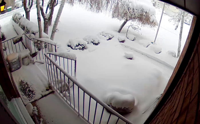 A snowy front yard as seen from the security camera.