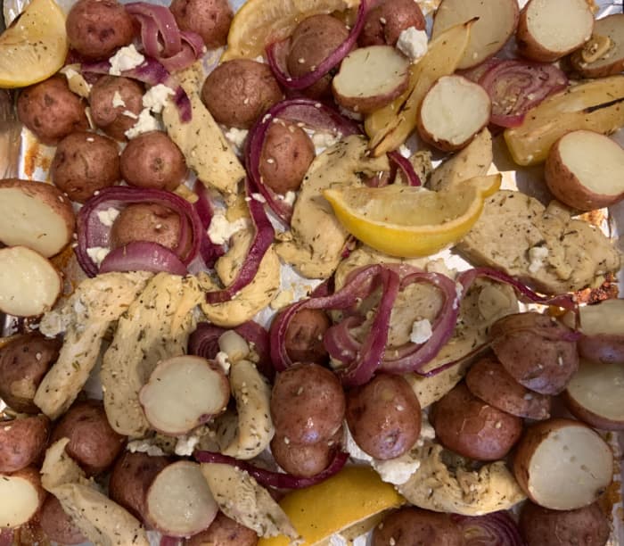 Mediterranean chicken and red potatoes.