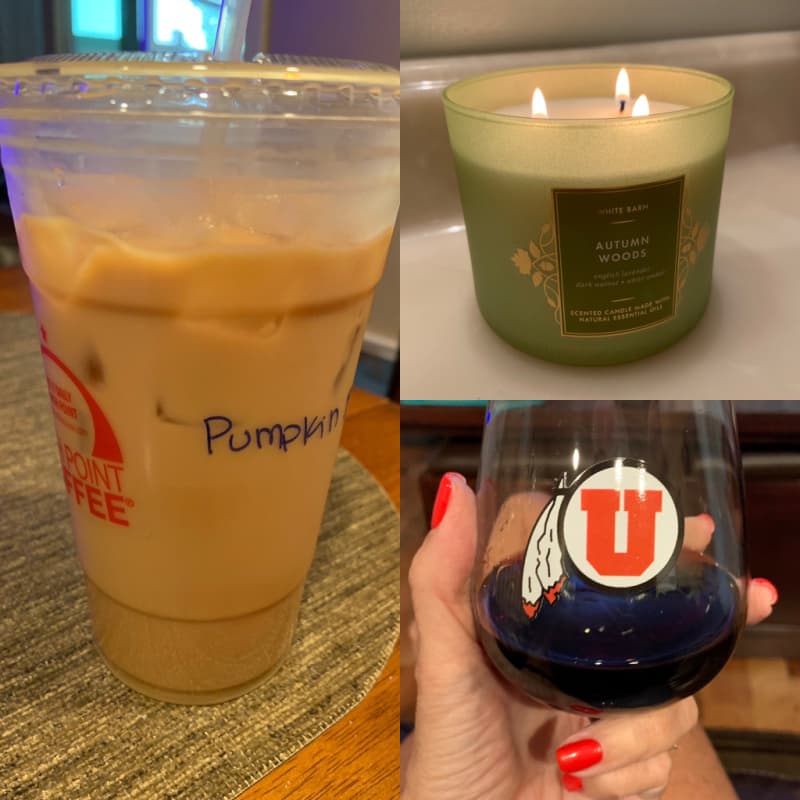 Pumpkin latte, autumn woods candle, and red wine in University of Utah glass.