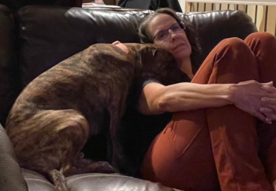Dog and woman snuggled on a couch.
