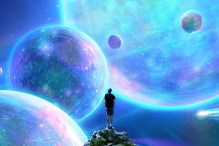 Man standing on rock surrounded by planets.
