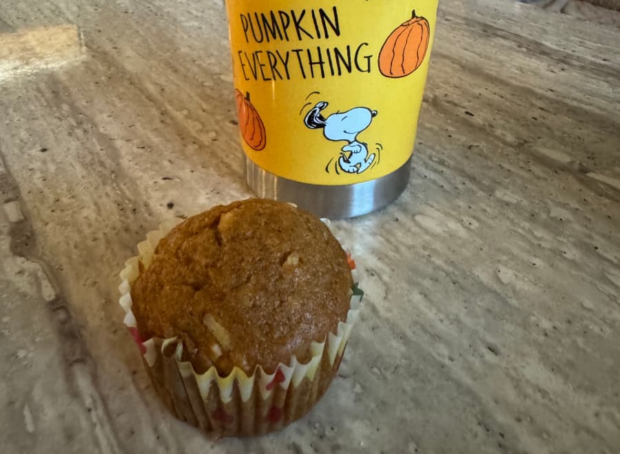 Pumpkin muffin and mug that says "Pumpkin Everything."