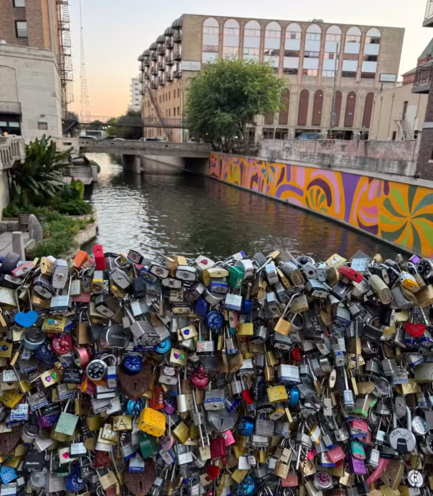 Locks on a bridge over the San Antonio River.