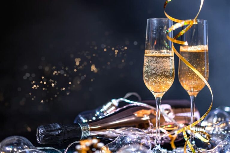 Champagne glasses and confetti.