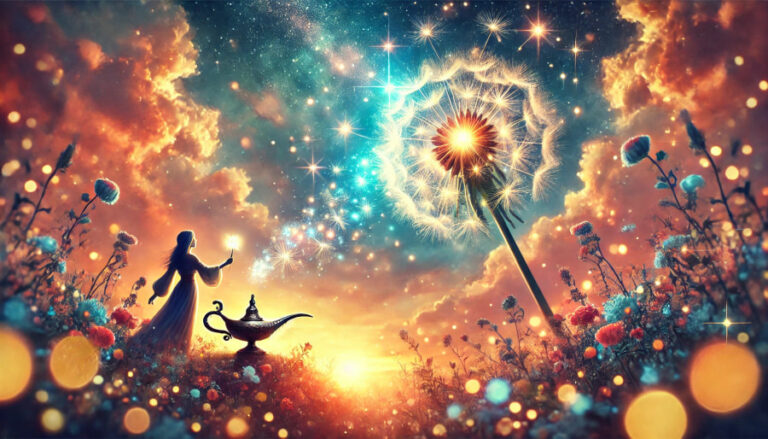 AI-generated image of a woman wishing on dandelion and a genie lamp.