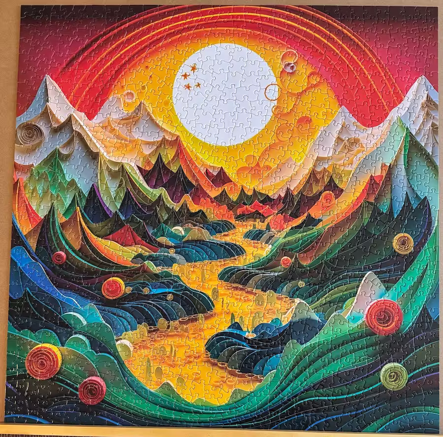 An abstract mountain and stream scene in a jigsaw puzzle.