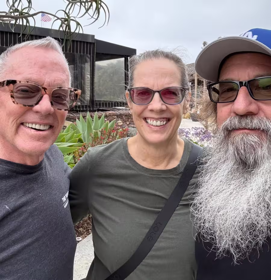 Two men and a woman in San Juan Capistrano, CA.
