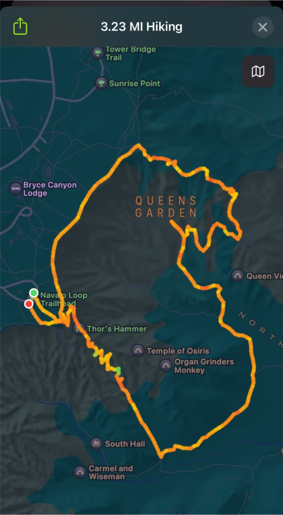 Apple Watch map of hike in Bryce Canyon.