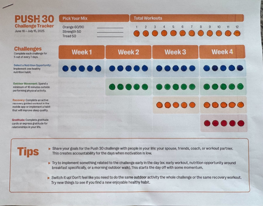 Orangetheory Fitness PUSH 30 Challenge Tracker.