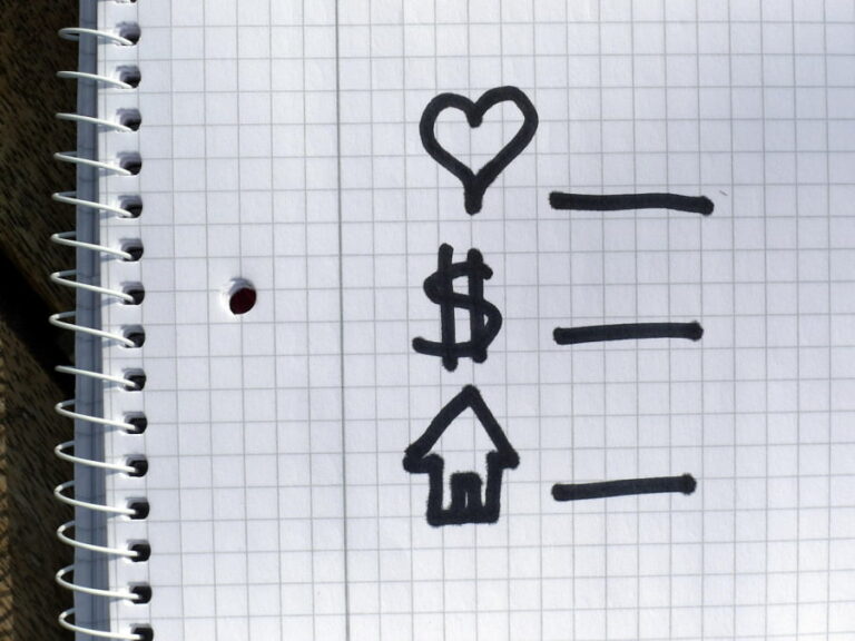 A heart, dollar sign, and house drawing.