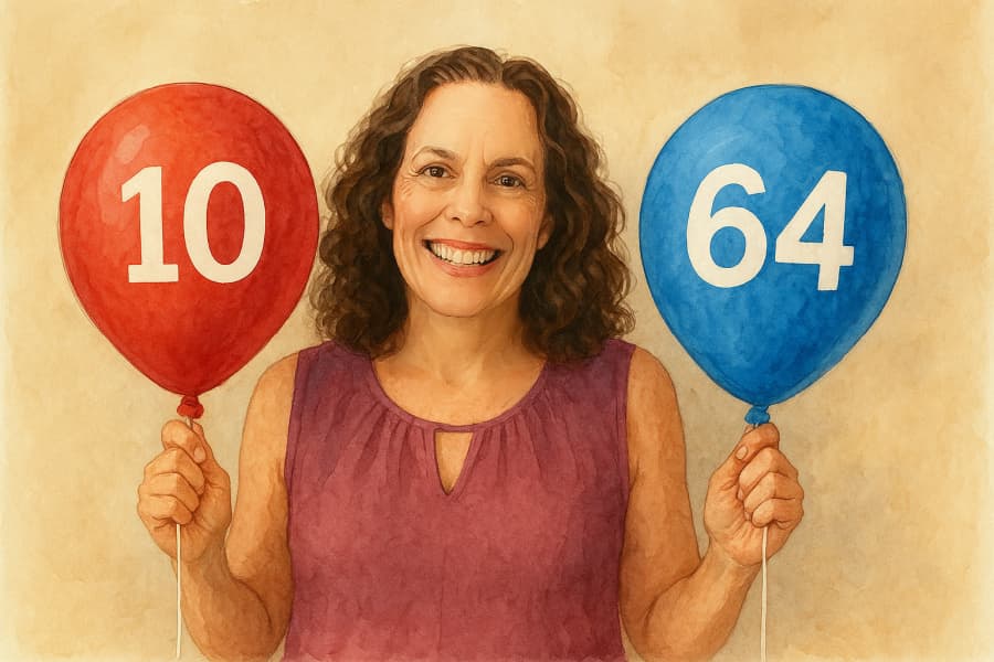 Painting of woman with two balloons, one with number 10, and one with 64.