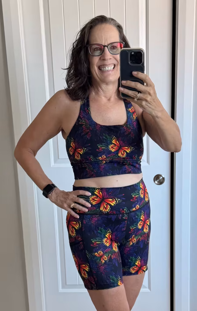 Woman in CVG Butterfly Effect shorts and bra set.