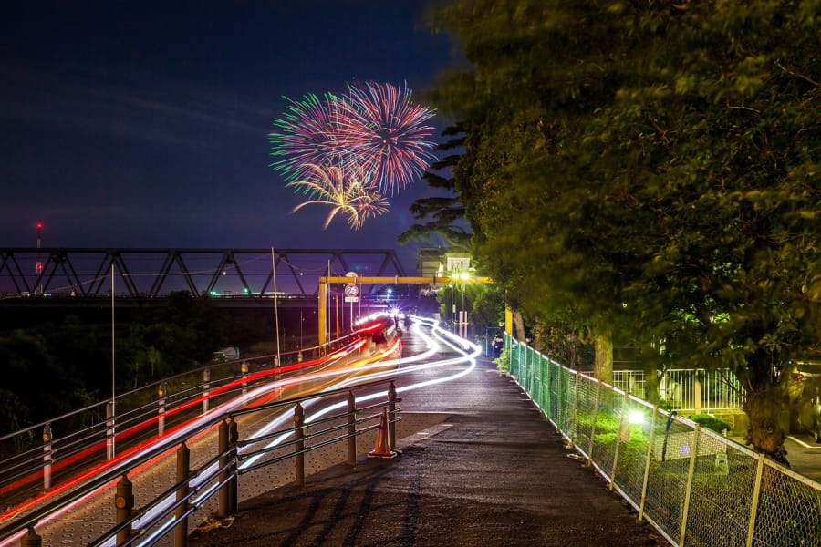 Fireworks over a dock.