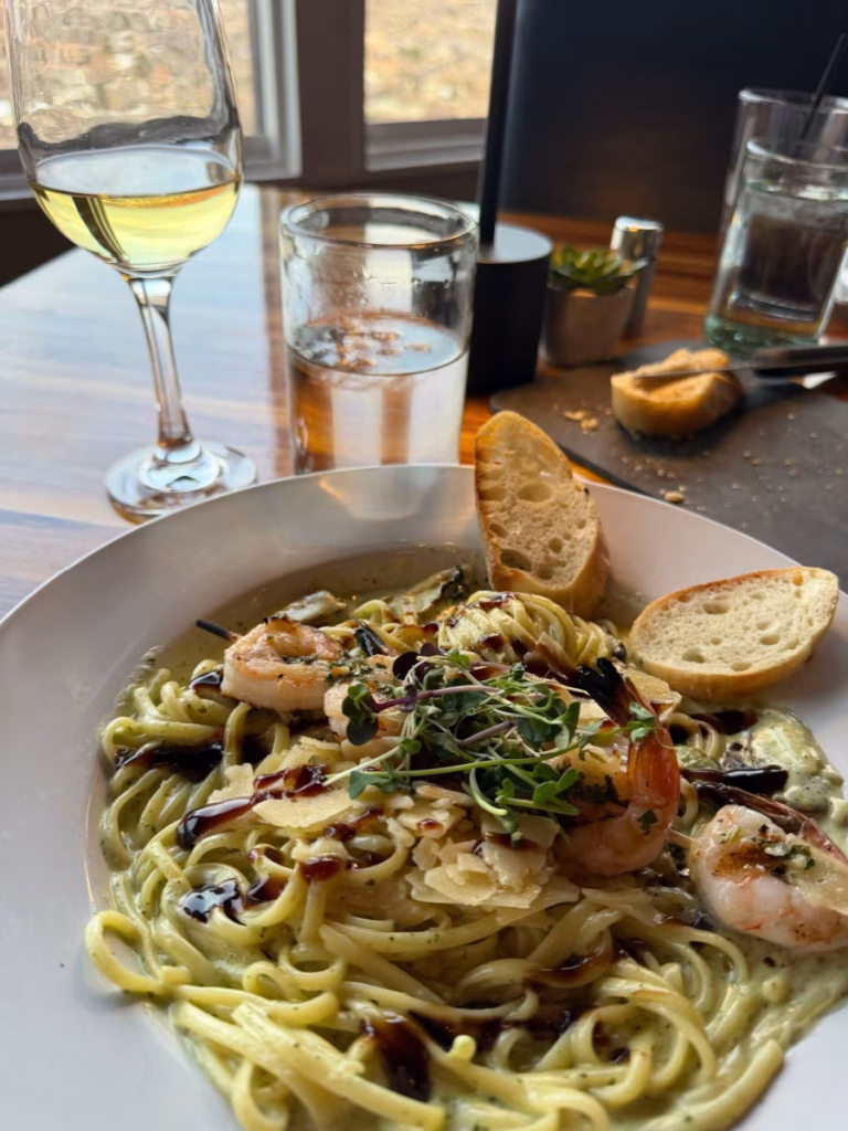 Pesto pasta with shrimp.