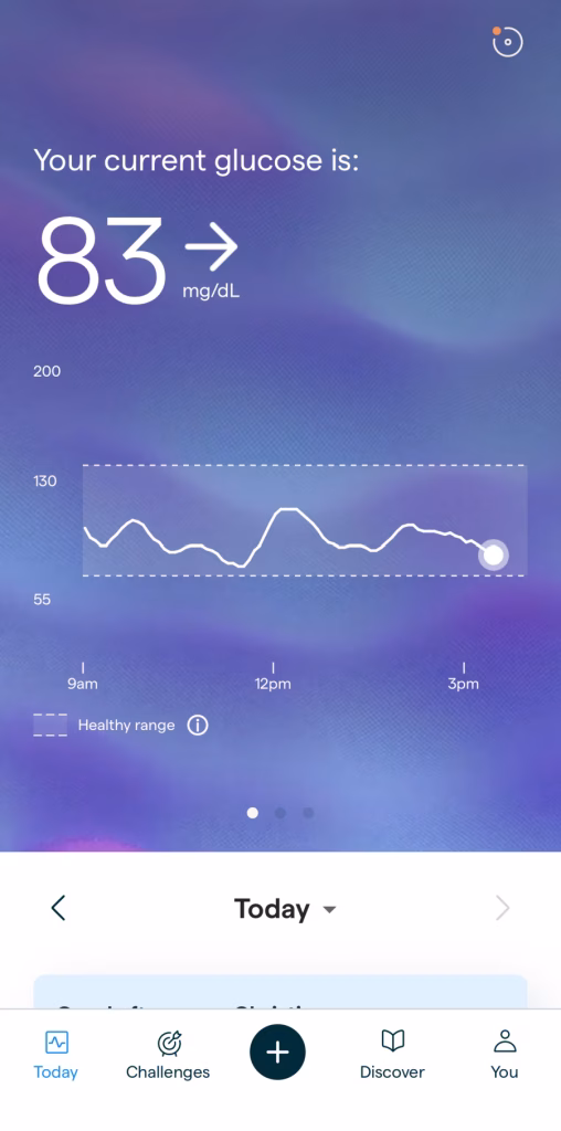 Lingo glucose biosensor app showing current glucose.