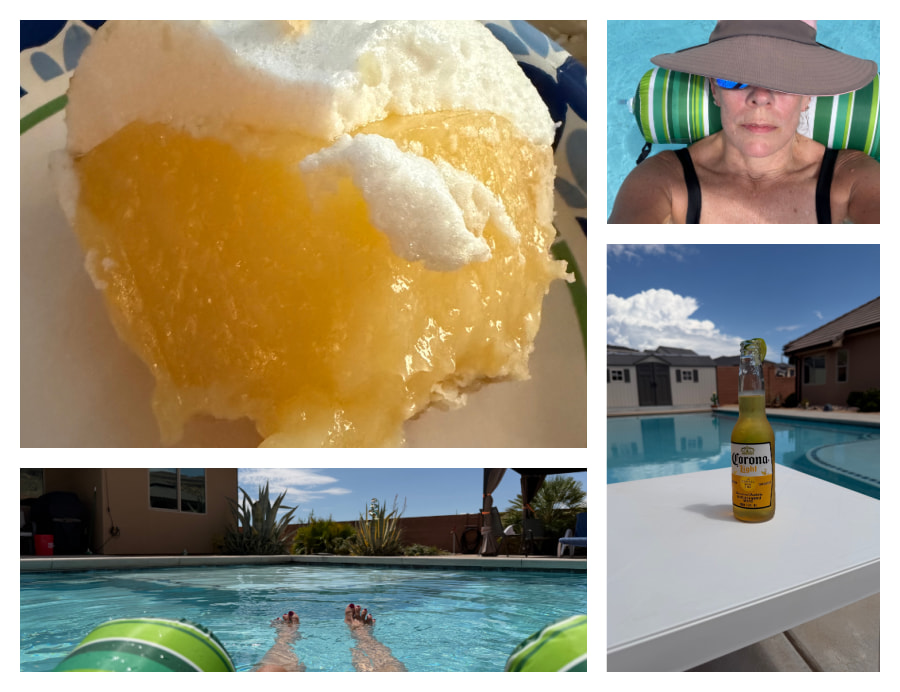 Collage of swimming pool, beer, and pie.