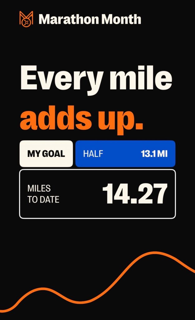 Marathon Month. Every mile adds up. Miles to date 14.27.