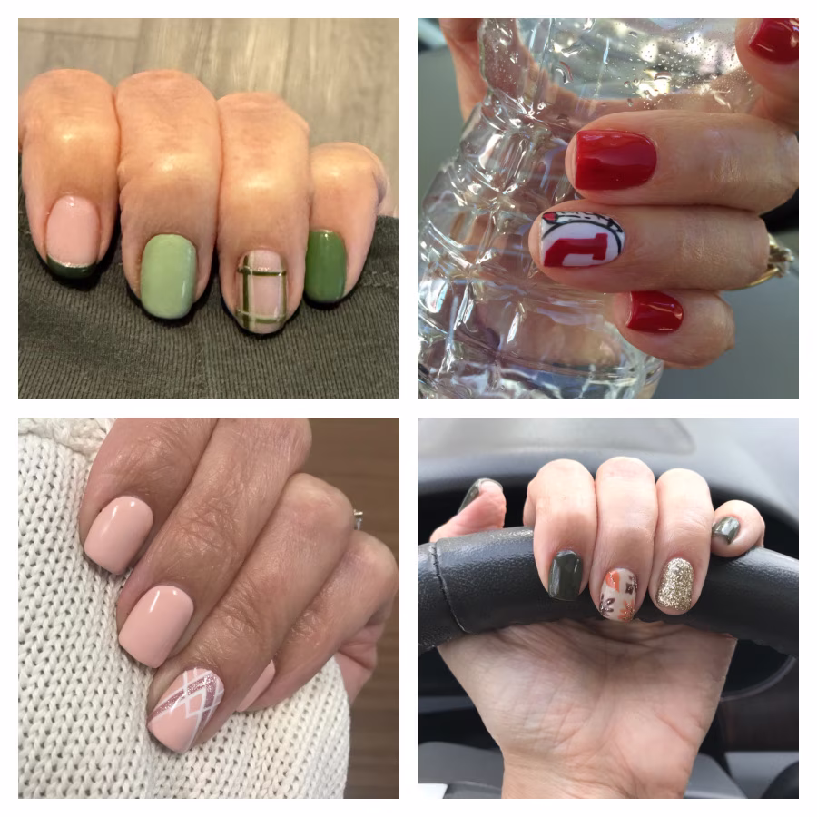 A collage of autumn-themed nail art.