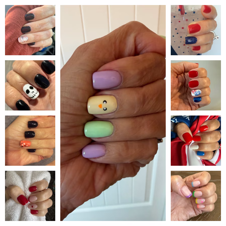 A collage of holiday-themed nail art.