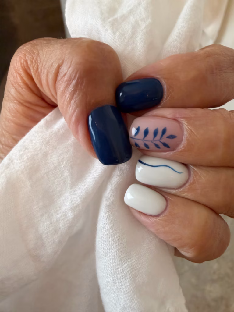 Blue and white nail art.