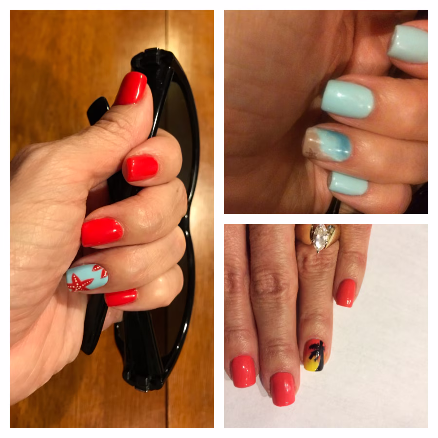 A collage of vacation-themed nail art.